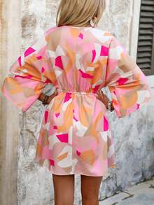 SHEIN LUNE Women's V-Neck Single-Breasted Batwing Sleeve Dress With Belt, Summer Vacation Outfit - Multicolor - View 2