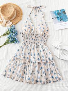 Soleia Váy voan in hoa hồng họa tiết kỳ nghỉ cho nữ, viền xếp nếp, cổ buộc cho tiệc cưới mùa hè/tiệc tốt nghiệp - Nhiều màu - Xem 1