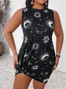 SHEIN VCAY Plus Size Czarna, wiązana sukienka bez rękawów z nadrukiem gwiazd i księżyca - Czarne i Białe - Zobacz 4