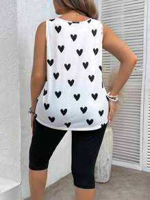 SHEIN VCAY Plus Size Summer Boho Heart Pattern V-Neck Short Sleeve Top And Shorts Set, Perfect For Vacation And Leisure,Holiday Outfits