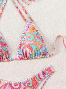 SHEIN Swim Bộ bikini dây buộc cổ in hoa đi biển mùa hè dành cho nữ - Nhiều màu - Xem 3