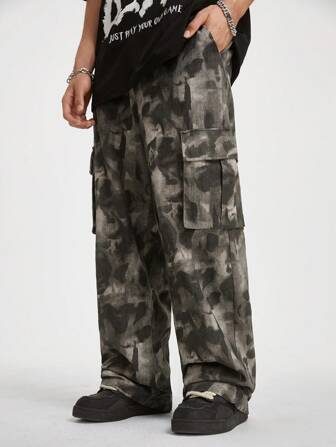 Manfinity RebelGame Stilfull Tie Dye Patchwork för män Baggy Bred Leg Byxor Med Fickor Camo Going Out,Y2k Byxor