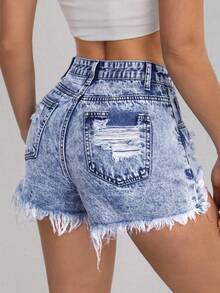 SHEIN PETITE 女士不對稱腰部破洞牛仔短褲，附口袋和鬆散邊緣設計 - 中等水洗藍 - 查看 2