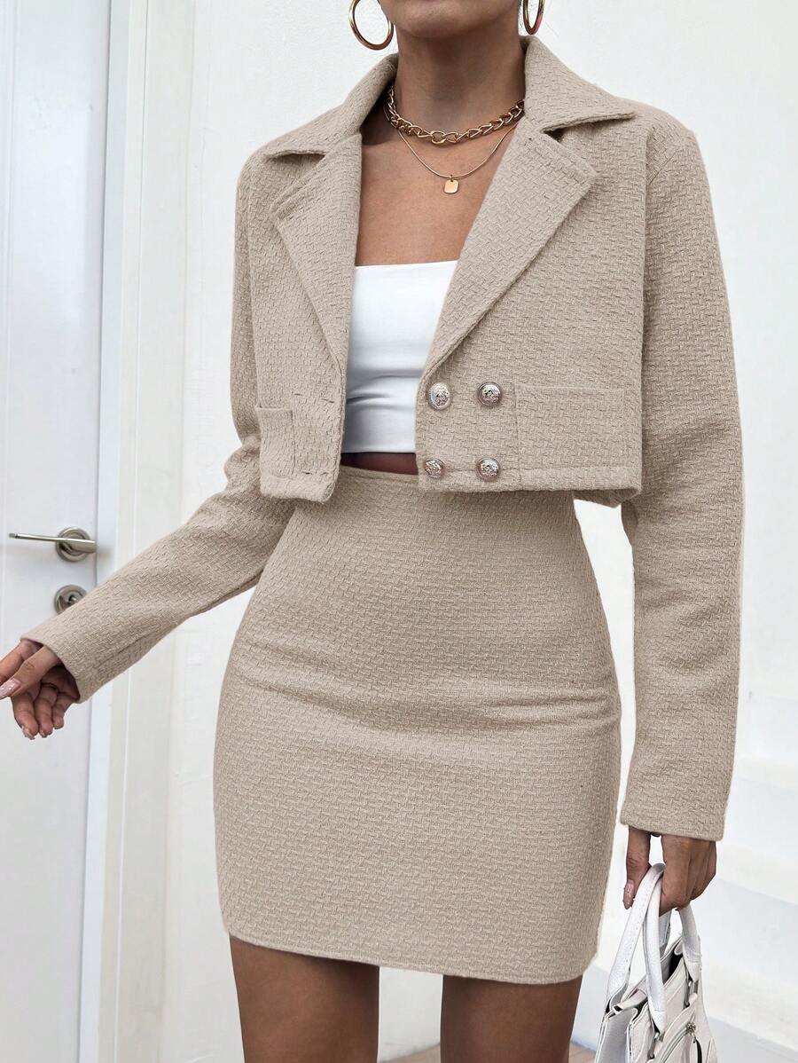 EURMUSE 方塊印花短款西裝外套和裙子套裝