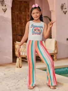 SHEIN Tween Girls Plus Size Vacation Casual Spring/Summer Knit Sleeveless Tank Top And Colorful Striped Flare Leg Pants Set - Multicolor - View 5