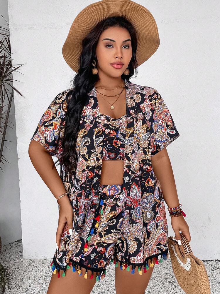 Plus Size Print Cami Top, Fringed Cardigan And Shorts Vacation Casual 3pcs/Set