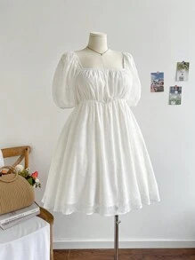 Soleia WYWH Kỳ Nghỉ Thường Ngày Lãng Mạn Cổ Điển Màu Trắng Ba Chiều Họa Tiết Hoa Tay Phồng Cổ Vuông Chữ A Viền Đầm Ngắn - trắng - Xem 3