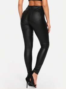 Chiquease Women's Solid Color PU Leather Skinny Fashion Pants Fall Cloth For Women - Black - View 2