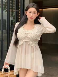 DAZY 女士蕾丝拼接假两件长袖衬衫、荷叶边、娃娃装上衣 - 杏色 - 查看 8