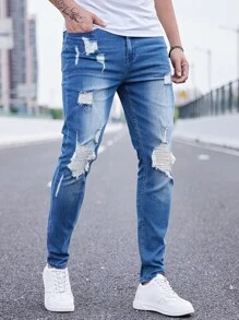 Manfinity LEGND Hombres Jeans ajustados desgarro - Azul lavado medio - Ver 6