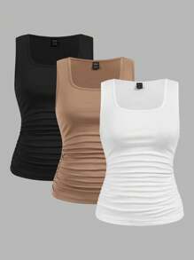 SHEIN LUNE Bộ 3 áo tank top nữ màu trơn, kiểu dáng giản dị, ôm sát cơ thể, hoàn hảo cho mùa hè. - Nhiều màu - Xem 2