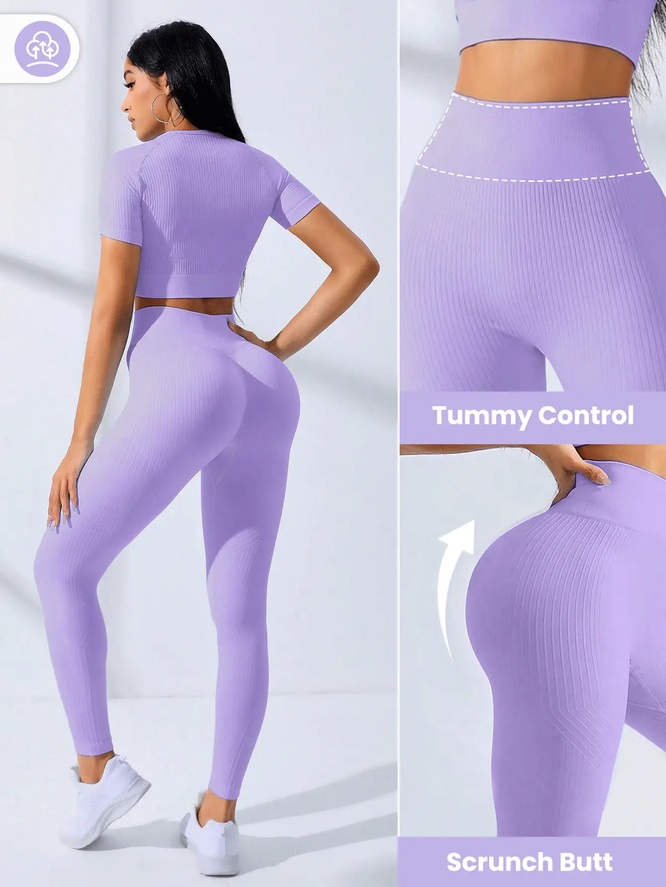 SHEIN Sovereign Charm 无缝高弹力插肩袖运动套装 女士健身套装 女士健身套装 女士紧身裤套装 女士健身房服装 - 紫色 - 查看 2