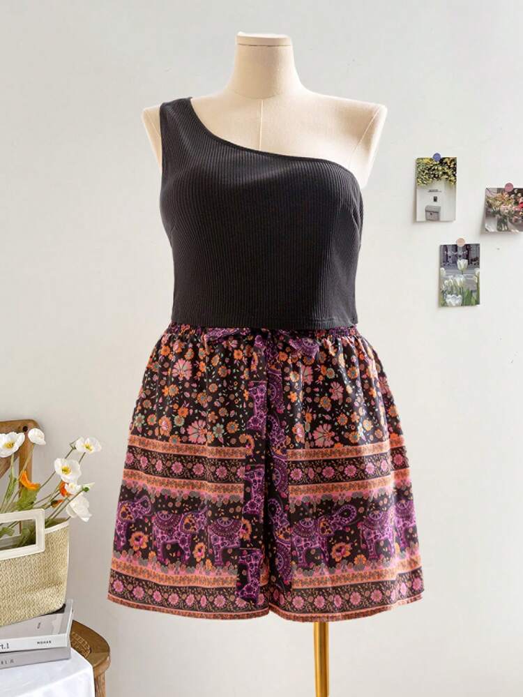 WYWH Women Plus Size One Shoulder Bodycon Leisure Top And Shorts Two-Piece Set