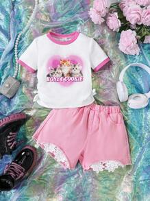 Young Girls' Pink T-Shirt And Shorts Set - Multicolor - View 1