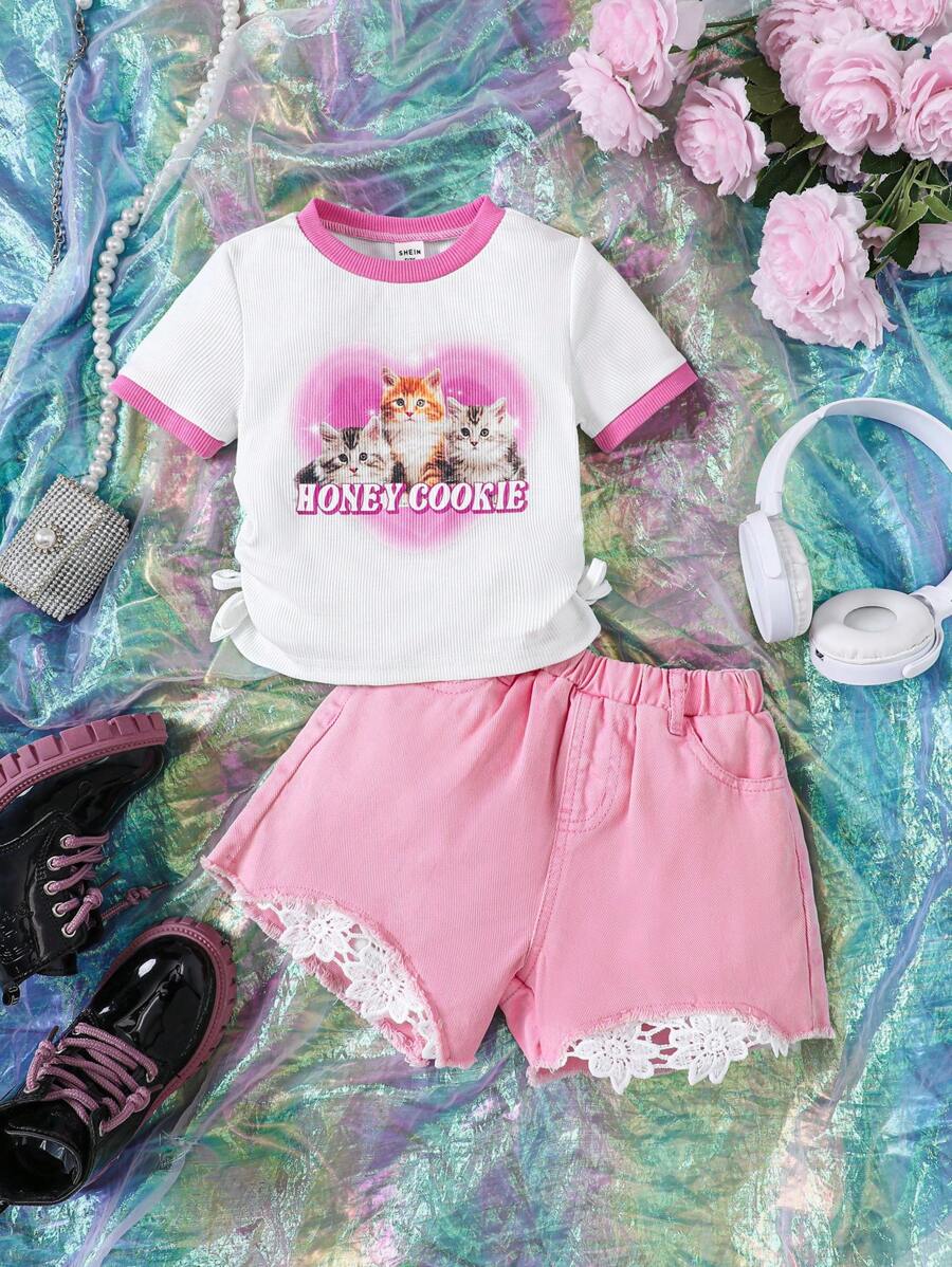 Young Girls' Pink T-Shirt And Shorts Set - Multicolor - View 1