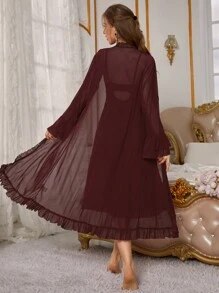 Conjunto de camisón y bata de mujer con camiseta de encaje transparente