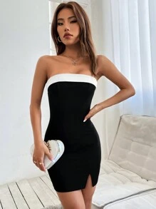 SHEIN PETITE 開衩下擺抹胸貼身短款夏季洋裝，適合嬌小女性 - 黑與白 - 查看 5