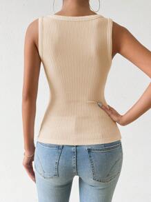 Zielony Camiseta sin mangas de punto acanalado de unicolor con parche en el cuello redondo para uso casual en verano