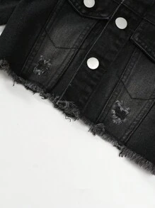 Cô Gái Trẻ Phong Cách Đường Phố Mát Mẻ Màu Xanh Vừa Đau Khổ Raw Edge Crop Top & Bộ Chân Váy Bút Chì Denim - màu đen - Xem 4