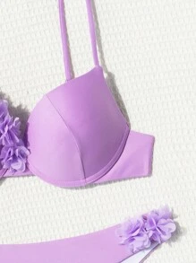 Swim SXY Women's Solid Color Patchwork 3D Flower Bikini Set For Summer Beach, Push-Up And Underwire - Purple - View 7
