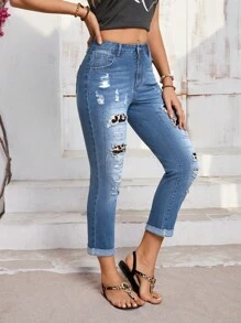 EMERY ROSE Women's Leopard Print Distressed Loose Fit Jeans With Pockets - Blue - View 6