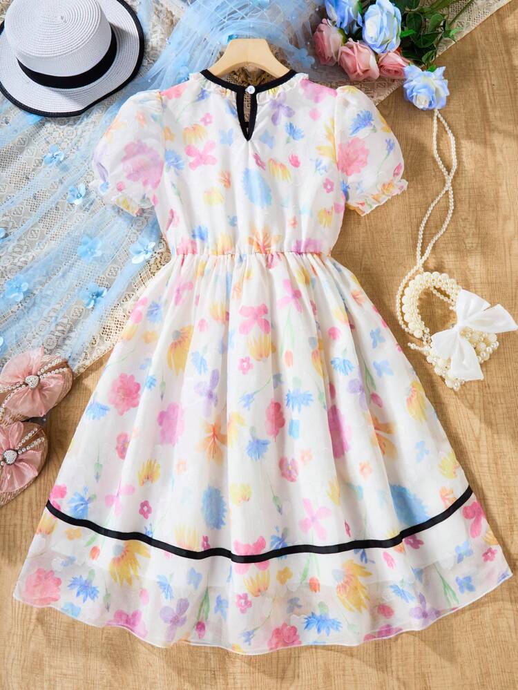 Raised Flower Mesh Puff Sleeve Dress With Bow Collar For Tween Girls