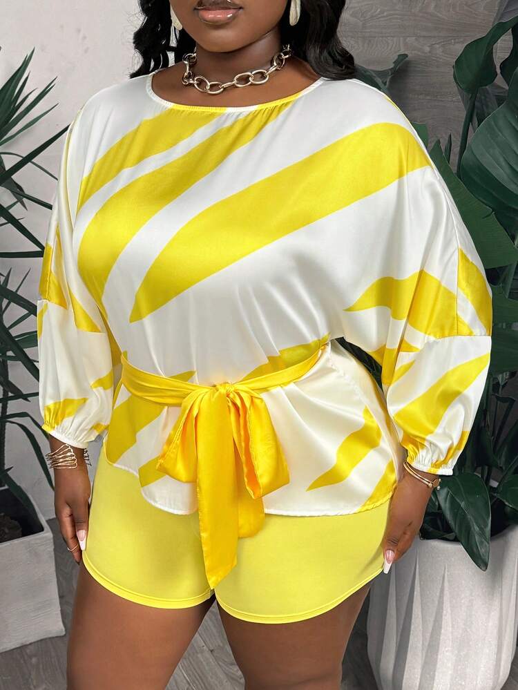 Plus Size Elegant & Party & Holiday Loose Long Sleeve Shirt With Belt, Geometric Printed Satin Fabric And Slim Solid Color Crop Top, Women's 2pcs Set, Spring-Summer