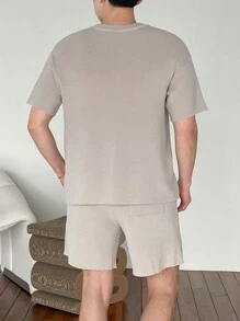 DAZY 男士夏季純色圓領短袖休閒T恤和短褲套裝 - 杏色 - 查看 2