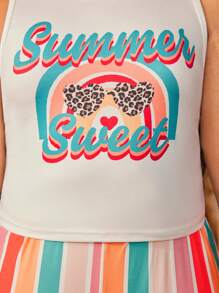 SHEIN Tween Girls Plus Size Vacation Casual Spring/Summer Knit Sleeveless Tank Top And Colorful Striped Flare Leg Pants Set - Multicolor - View 6