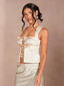 SHEIN BAE 女式復古綁前峰頂坦克背心Y2K可愛無袖露背短款夏裝外衣街頭潮流，附有優雅的錦繡方領絨面蝴蝶結套牛仔襯衫外套 - 杏色 - 查看 5