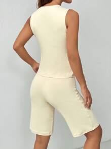 SHEIN Essnce Frauen Sommer Ärmellos Cardigan & Bermuda Shorts, Lässig Sport 2 Stücke Set - Aprikosenfarben - Übersicht 2
