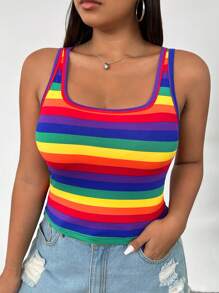 SHEIN EZwear Plus Size Women LGBT Pride Month Rainbow Striped Sleeveless Crop Top, Casual And Versatile - Multicolor - View 4