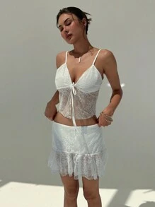 Aloruh 春/夏蕾絲音樂節性感淑女街頭風格優雅假期半透明低腰綁帶短裙背心2件套裝 - 白色 - 查看 5