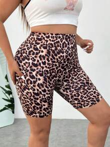SHEIN EZwear 女裝大尺碼針織高彈性豹紋印花休閒緊身褲 - 彩色 - 查看 5