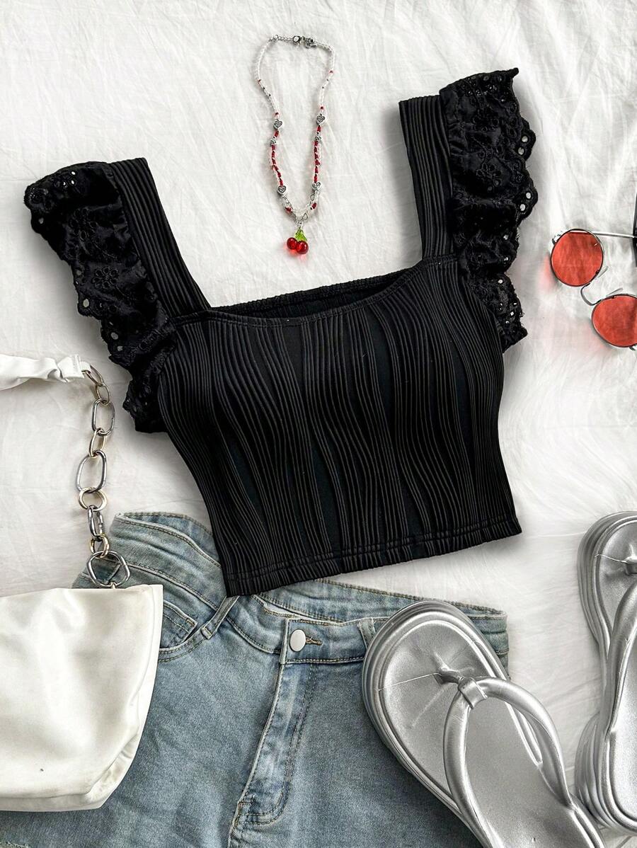 Soleia WYWH 夏季假期女式休闲黑色盖袖方领纹理面料 T 恤 - 黑色 - 查看 1