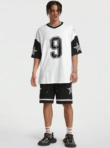 Manfinity VCAY Men's 2pcs/Set Glossy Printing Loose Knitted Short Sleeve T-Shirt Outfit With Numbers