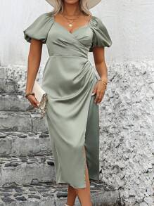 Flirla Plus Size Solid Color Puff Sleeve Pleated Party Dress - Army Green - View 4