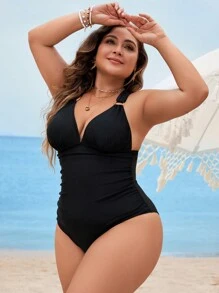 Swim Vcay Maillot de bain une pièce à la mode pour femmes grandes tailles, style de vacances à la plage - Noir - Voir 3