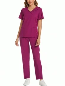 Bộ 2 đồng phục y tá tay ngắn và quần màu trơn - Màu đỏ tím - Xem 4