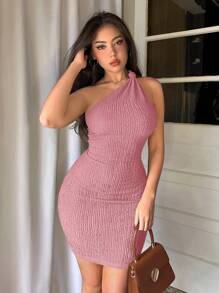 Firerie Vestido ajustado con cuello asimétrico y tejido texturizado de unicolor para el verano