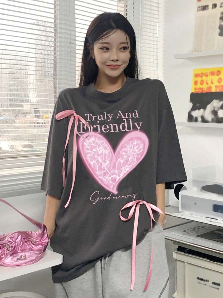 Women's Summer Loose Fit Casual T-Shirt With Slogan Print, Heart Shaped Design, Drop Shoulder Sleeve Cute Tops