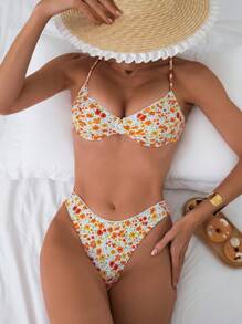 Women's Summer Beach Floral Printed Sexy Bikini Set, Random Print - Multicolor - View 3