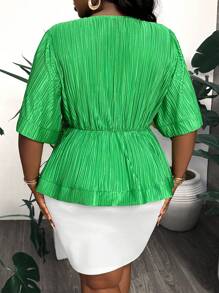Slaydiva Bộ đồ hai mảnh xếp ly tay chuông buộc trước vai màu xanh lá cây thanh lịch cho nữ đi làm mùa xuân/hè cỡ lớn - J - màu xanh lá - Xem 2