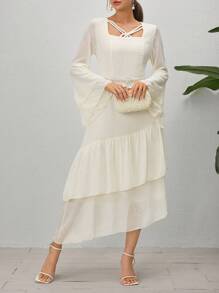 Modelyn Váy Xuân/Hè Màu Trơn Thanh Lịch Cổ Vuông Xù Viền Tay Loe - Màu be - Xem 8