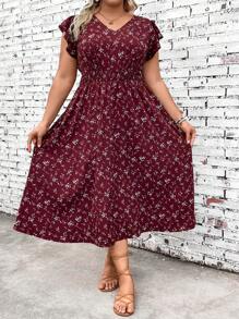 Linhara CURVE 加大码褶皱碎花荷叶边饰腰带度假连衣裙新年服装长款女装 - 紅色 - 查看 5