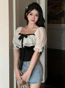 DAZY Áo cánh tay ngắn phối ren vá ngày lễ tình nhân dành cho nữ mùa hè, áo kiểu dáng preppy xếp nếp - màu đen - Xem 10