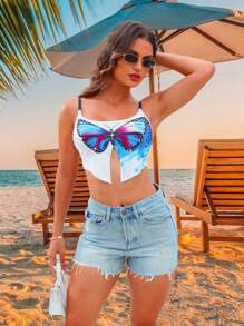 Zolique Áo ba lỗ in hình bướm thời trang dành cho nữ có trang trí bằng kim cương giả - trắng - Xem 3