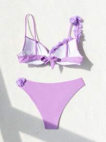 Swim SXY Women's Solid Color Patchwork 3D Flower Bikini Set For Summer Beach, Push-Up And Underwire - Purple - View 2