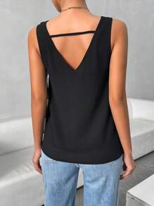 Chiquease Women's Fashionable Solid Color Simple Draped Neck Asymmetrical Cut Sleeveless Shirt - Black - View 2