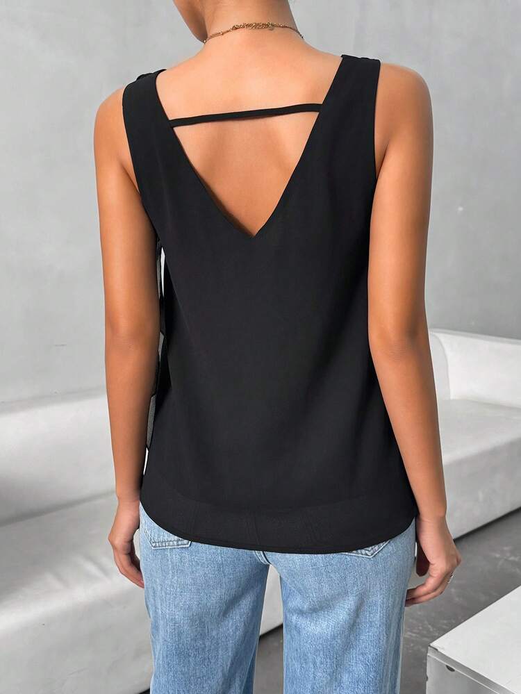 Women's Fashionable Solid Color Simple Draped Neck Asymmetrical Cut Sleeveless Shirt